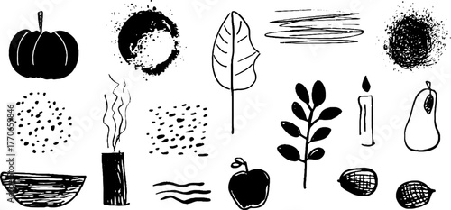 Minimalist autumn doodles set with leaves, fruits, and geometric shapes for design use