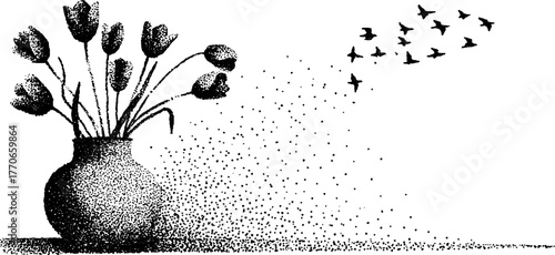 Vintage amphora with tulips and birds in halftone dotwork - elegant floral design