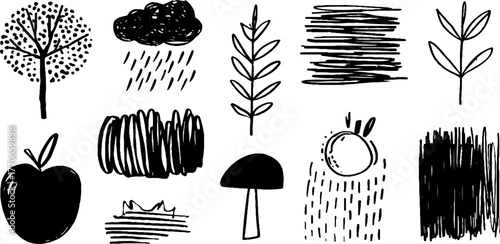 Minimalist abstract black and white doodles representing autumn elements