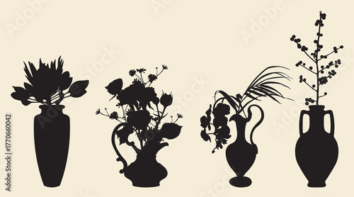 Hand drawn vases set. Flowers bouquets line art. Clip art flower arrangement in vase. Minimalist illustration.