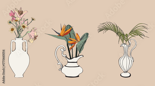 Hand drawn vases set. Flowers bouquets line art. Clip art flower arrangement in vase. Minimalist illustration.