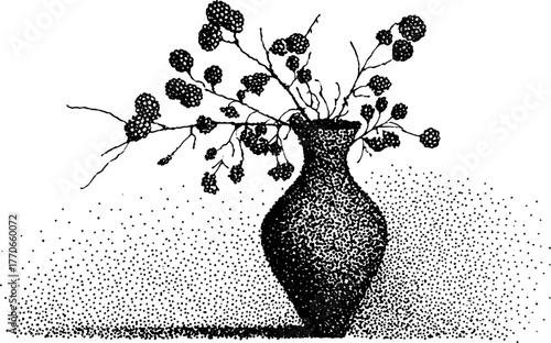 Ancient amphora with floral arrangement in black and white stipple art