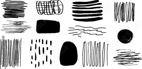 Minimalist abstract black and white doodles with bold brush strokes for artistic design