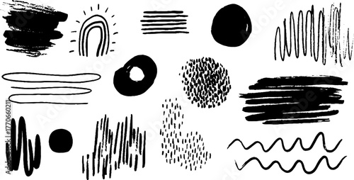 Minimalist black and white abstract doodles with bold brushstrokes for modern design
