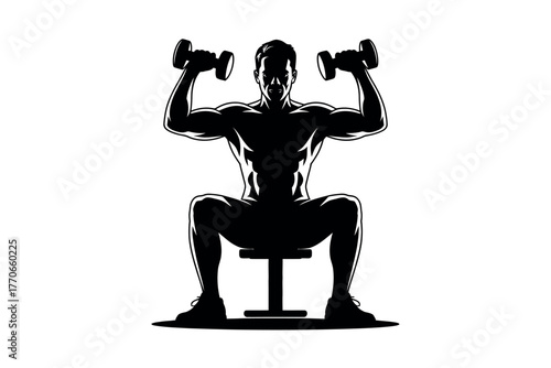 Silhouette of a man lifting dumbbells while sitting on a bench in a gym.