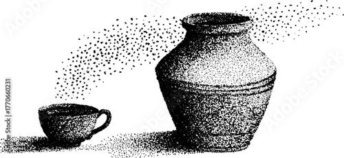 Ancient amphora and teacup stipple art design for vintage decoration