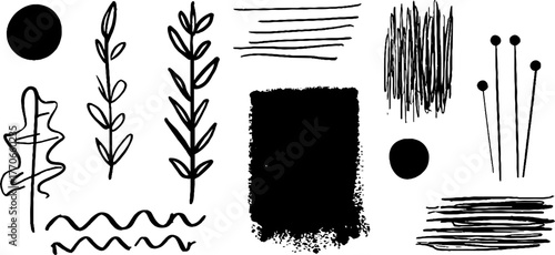 Minimalist abstract black and white doodles and borders collection for creative design