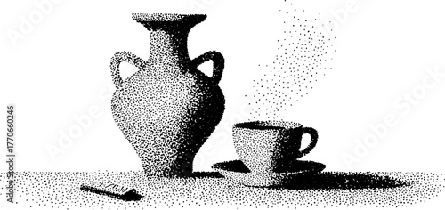 Ancient amphora with cup and saucer in dotwork style for vintage design