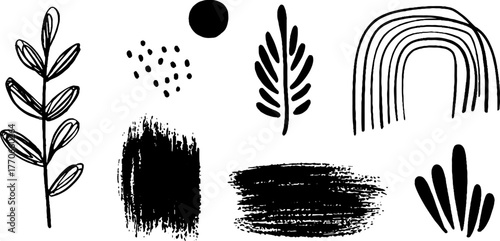 Minimalist abstract black and white botanical doodles for creative design projects