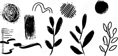 Minimalist abstract black and white doodles featuring branches and geometric patterns for creative design