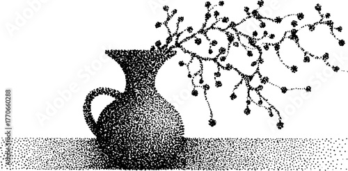 Ancient amphora with vines in dot art style for vintage design