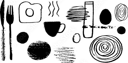 Minimalist abstract black and white breakfast doodles for creative design