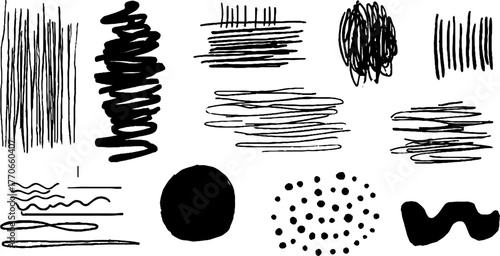 Minimalist abstract black and white doodle set with chalk texture for creative design projects