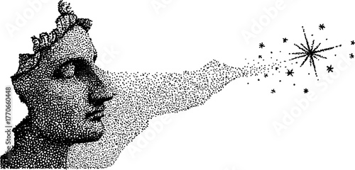 Ancient bust dissolving into stars - black and white art with halftone effect