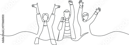 One line art happy team. Continuous line drawing of cheerful people raising hands