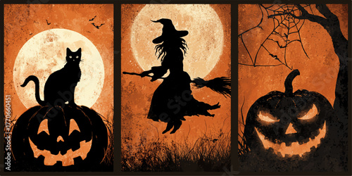 Triptych halloween scene with black cat witch and jack o lanterns under full moon