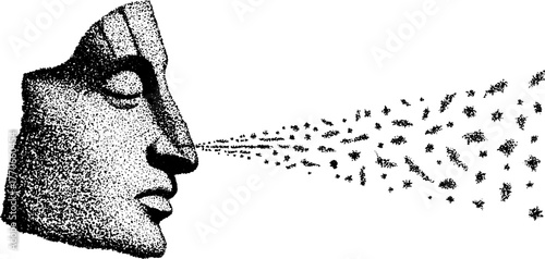 Ancient bust dissolving: surreal black and white dotwork art for creative design