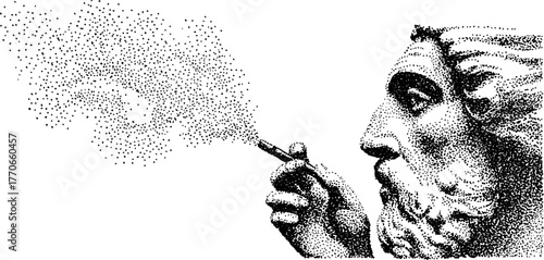 Ancient bust with smoking pipe in dotwork style