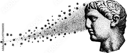 Ancient bust dissolving in black and white dotwork illustration for vintage design