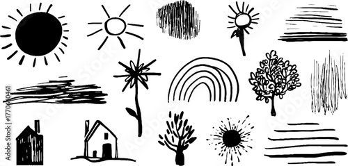 Minimalist abstract black and white doodles set featuring childlike art designs for creative projects