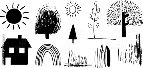 Child-like minimalist black and white doodles of trees, sun, and house