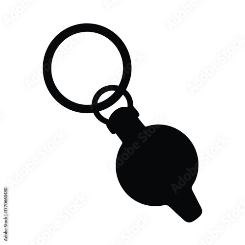 Silhouette of a whistle attached to a keyring against a white background