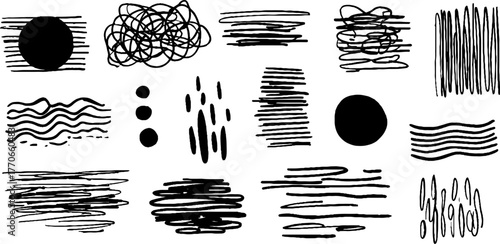 Minimalist abstract black and white chaotic doodles set for creative design