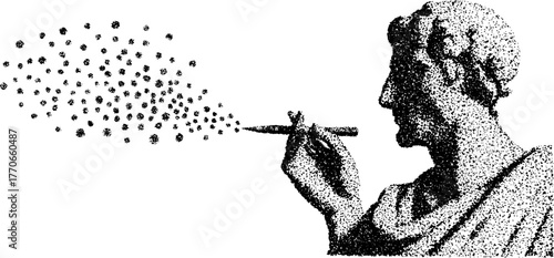 Ancient bust smoking in black and white halftone style for unique print design