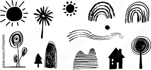 Minimalist black and white abstract child art doodles for creative design