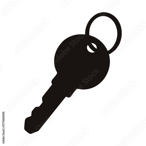 Simple black and white image of a traditional key with ring
