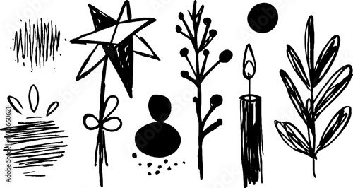 Minimalist abstract christmas doodles in black and white for holiday design