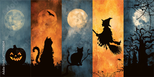 Spooky halloween vertical banner collage with witch pumpkin black cats and full moon