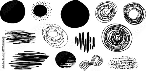 Minimalist abstract doodles set with black and white circles for design and art projects