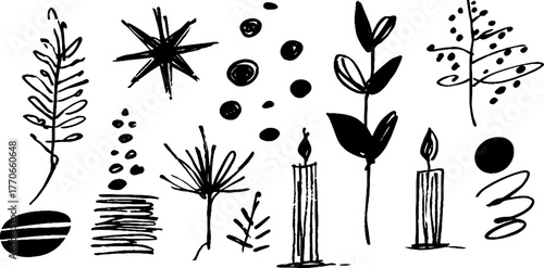 Minimalist abstract christmas doodles collection in black and white for holiday design