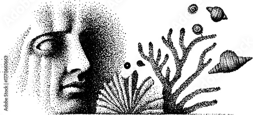 Ancient bust with seashell and coral: vintage stipple design for art projects