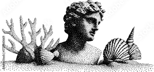 Ancient bust with seashell motif in vintage dotwork art style