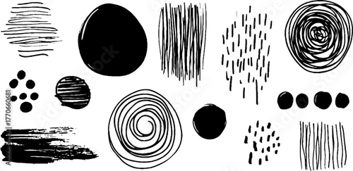 Minimalist abstract black and white doodles featuring circles and lines