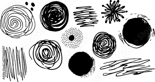 Minimalist abstract black and white circle doodles set for design projects