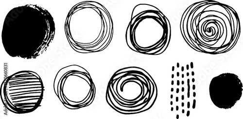 Minimalist abstract black and white circular doodles set for artistic design