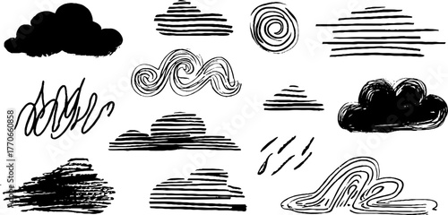 Minimalist abstract black and white cloud doodles for creative designs