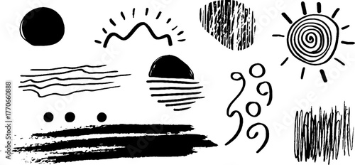 Minimalist abstract doodles collection with contour shapes and patterns for design