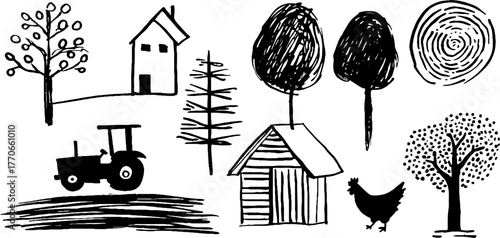 Minimalist abstract countryside doodles with trees, tractor, and chicken