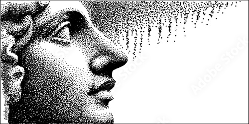 Vintage black and white illustration of an ancient bust with stipple effect for design purposes