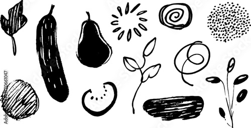 Minimalist abstract black and white doodles featuring cucumbers and nature elements for creative design