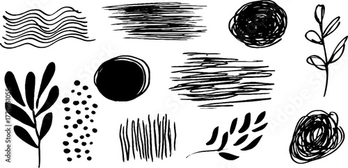 Minimalist abstract black and white doodles set with decorative elements