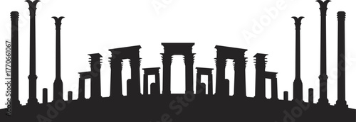 Ancient Persian ruins silhouette with classical columns, historic gateway architecture, Persepolis heritage site vector illustration for cultural and educational use