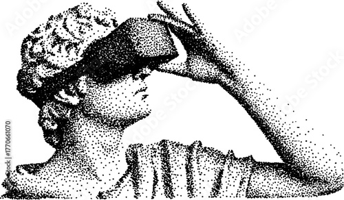 Digital fusion: ancient sculpture with virtual reality headset in dotwork style