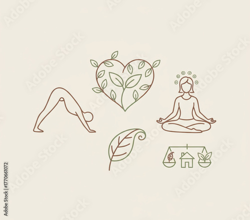 Holistic Wellness Icons Yoga, Nature, Meditation, and Balance