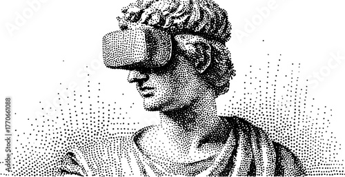 Ancient bust with virtual reality headset dotwork effect for vintage art influence and modern fusion design