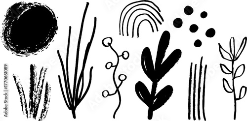 Minimalist black and white abstract doodles set for decorative design